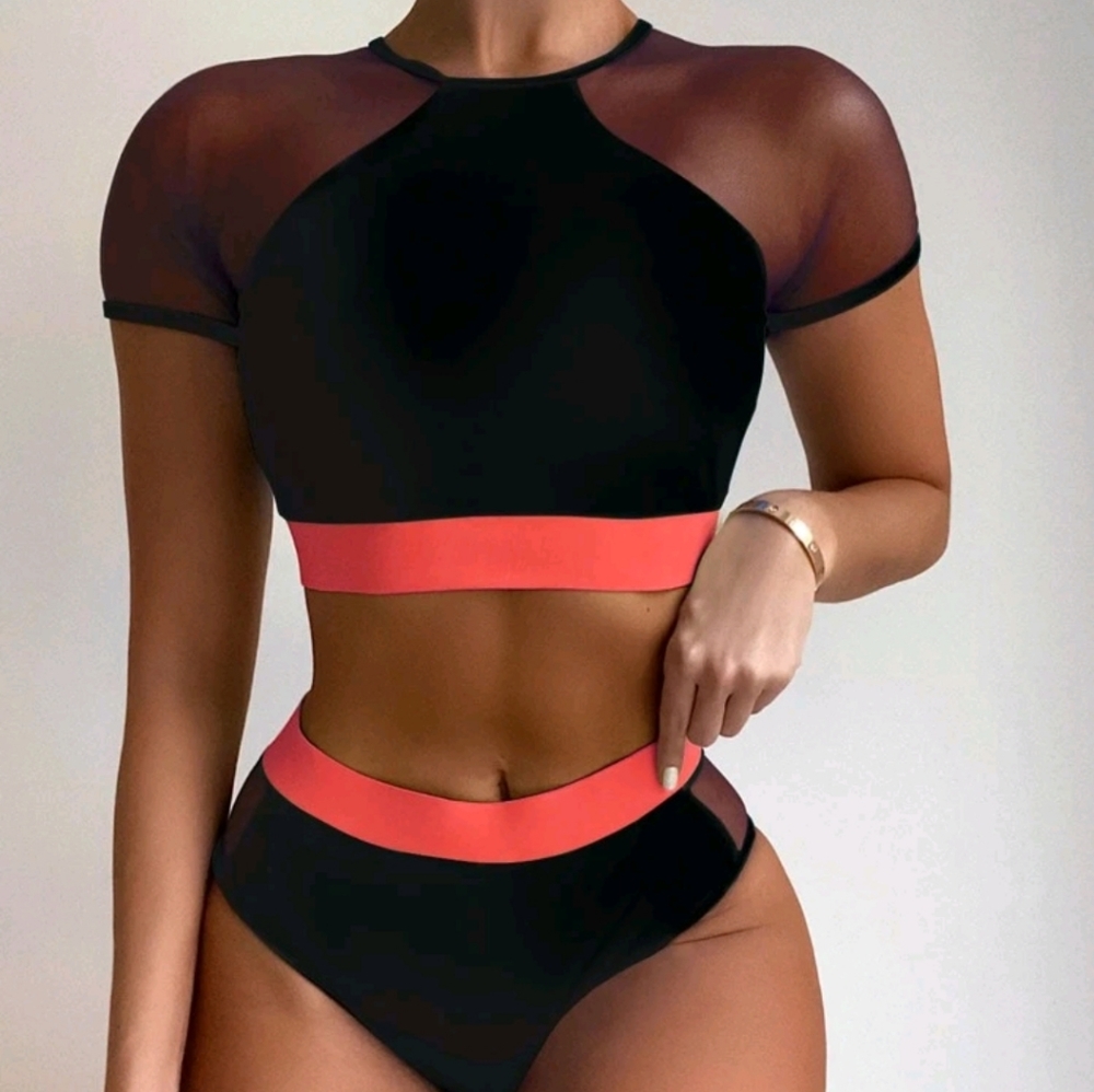 Contrast mash high waisted swimsuit